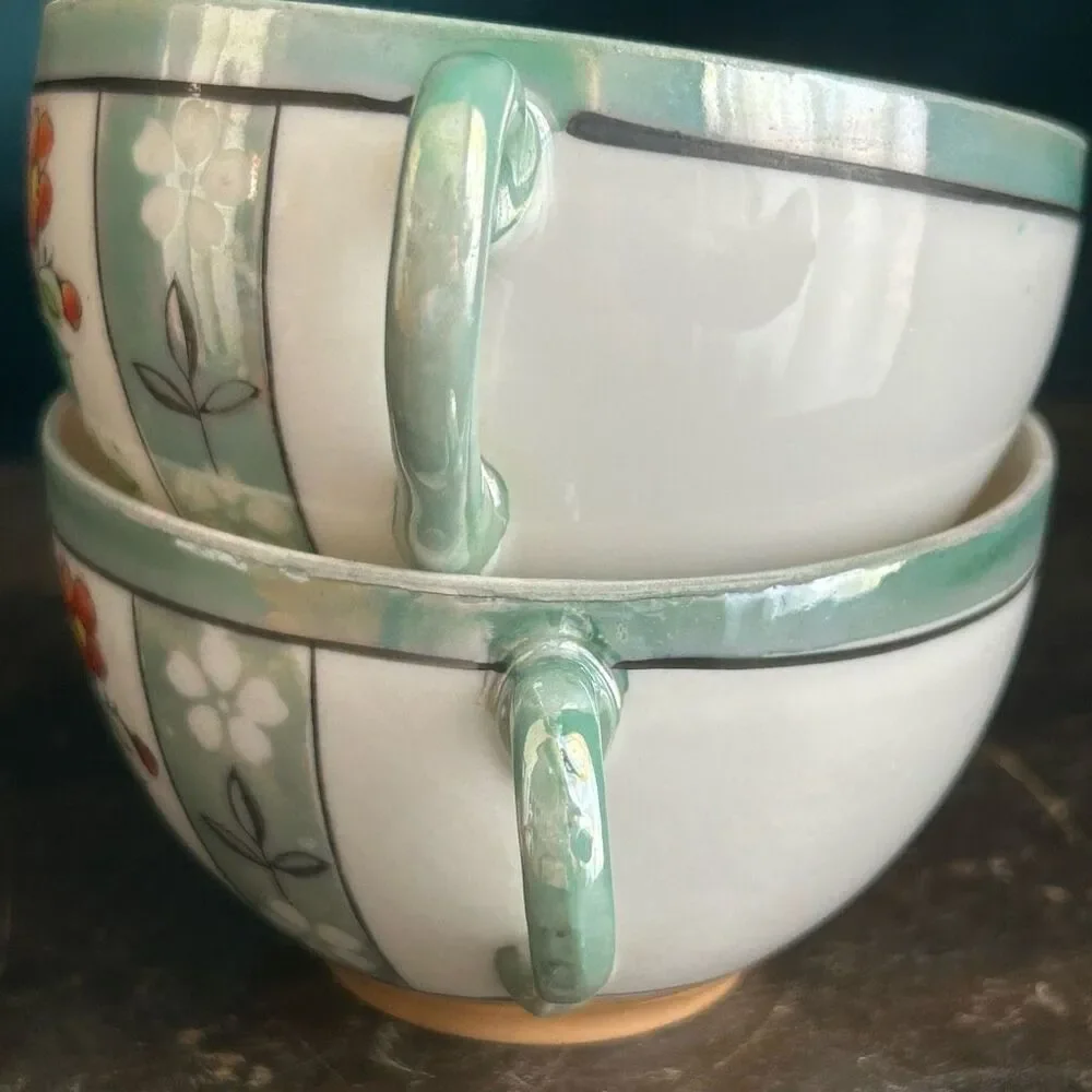 2 Vintage Hand Painted Lusterware Floral Tea Cups